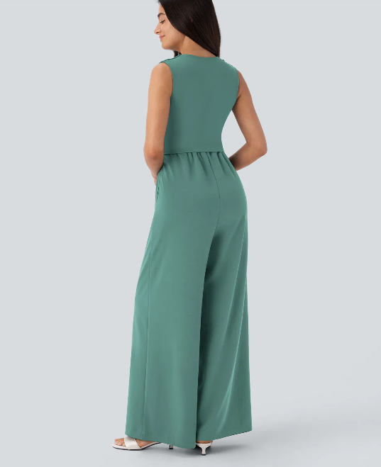 Sleeveless Ruched V-Neck Party Jumpsuit