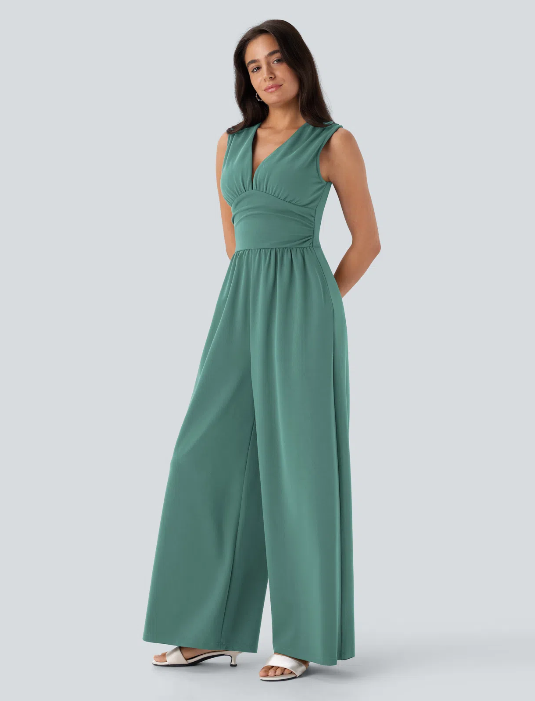 Sleeveless Ruched V-Neck Party Jumpsuit