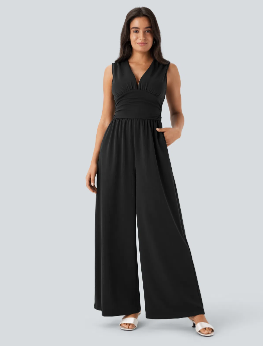 Sleeveless Ruched V-Neck Party Jumpsuit
