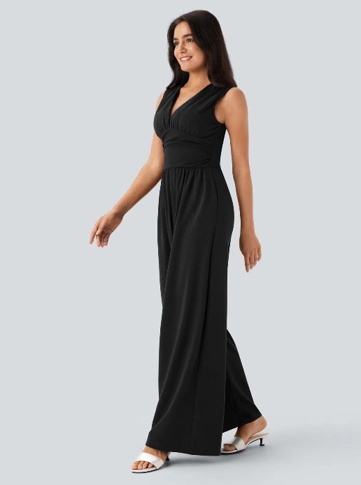 Sleeveless Ruched V-Neck Party Jumpsuit