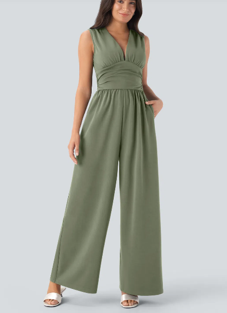 Sleeveless Ruched V-Neck Party Jumpsuit