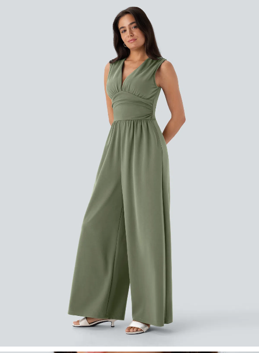 Sleeveless Ruched V-Neck Party Jumpsuit
