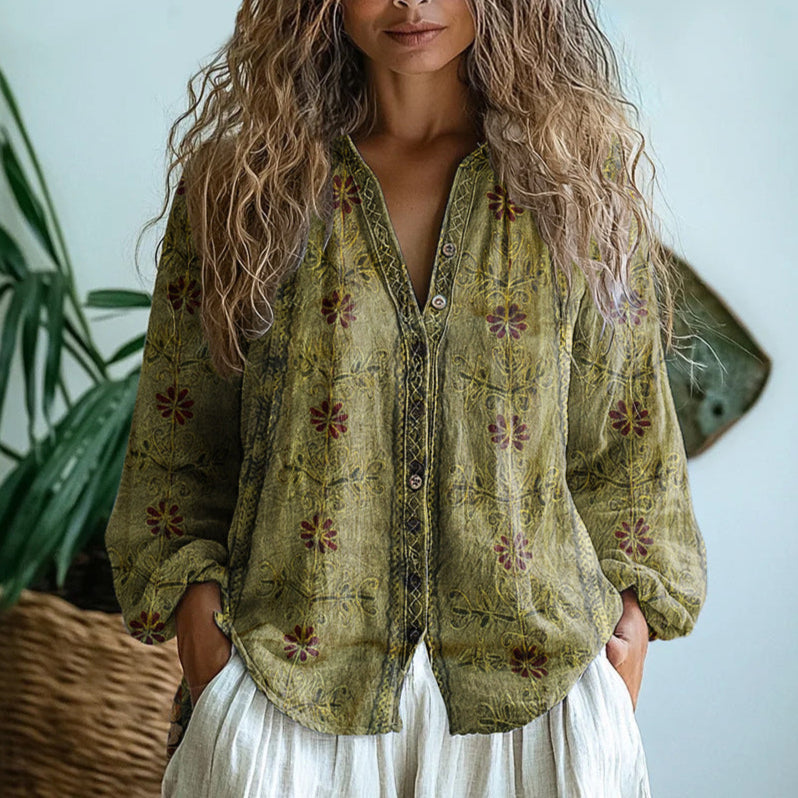 Brianna | Elegant Vintage Leaf Print Blouse