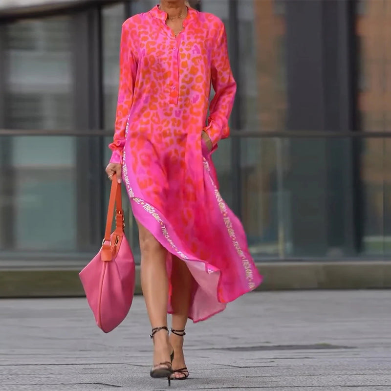 WildMuse™ Leopard Split Long Sleeve Maxi Dress