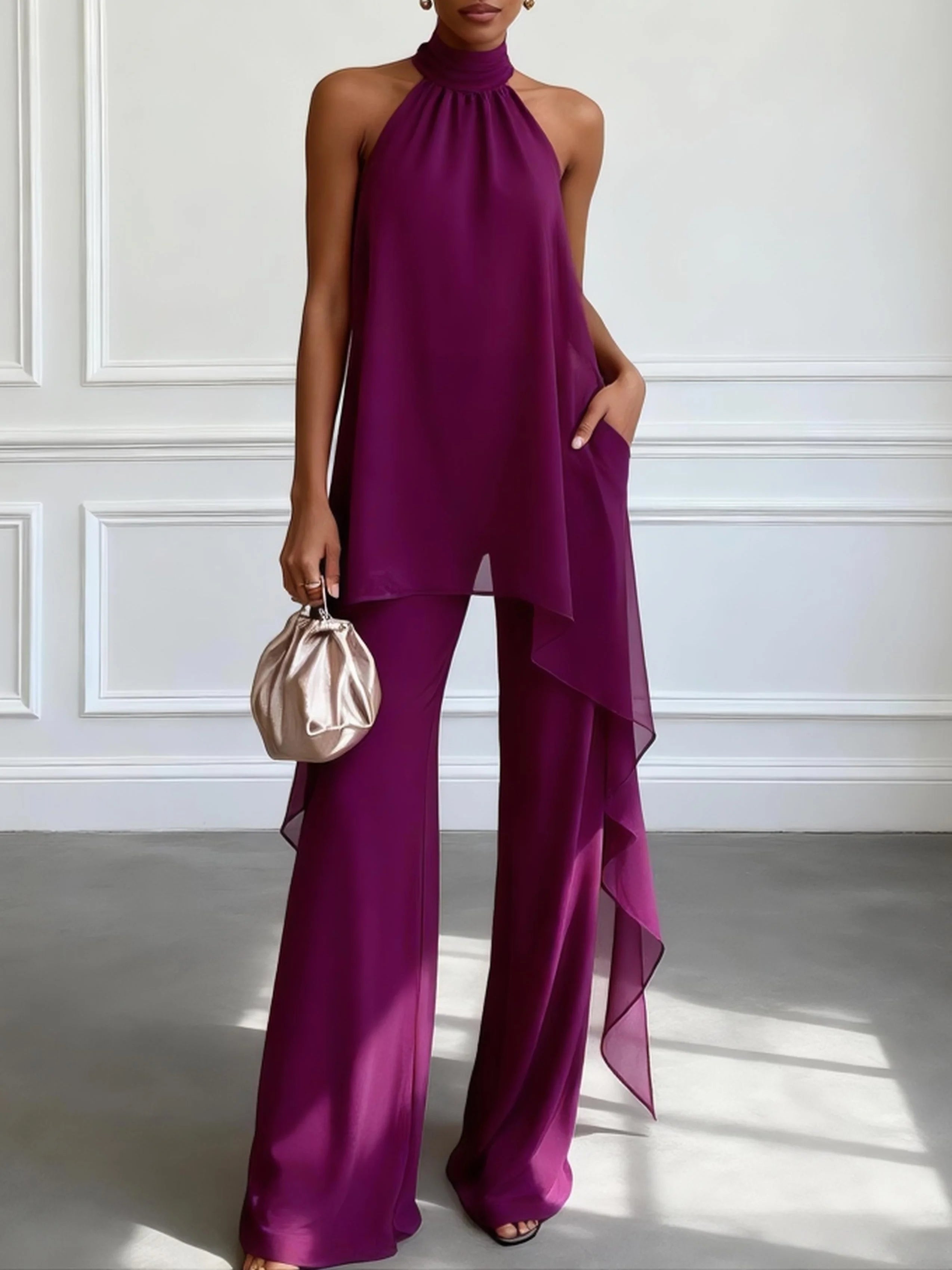 Purple | Elegant Halter Top with Pants Set