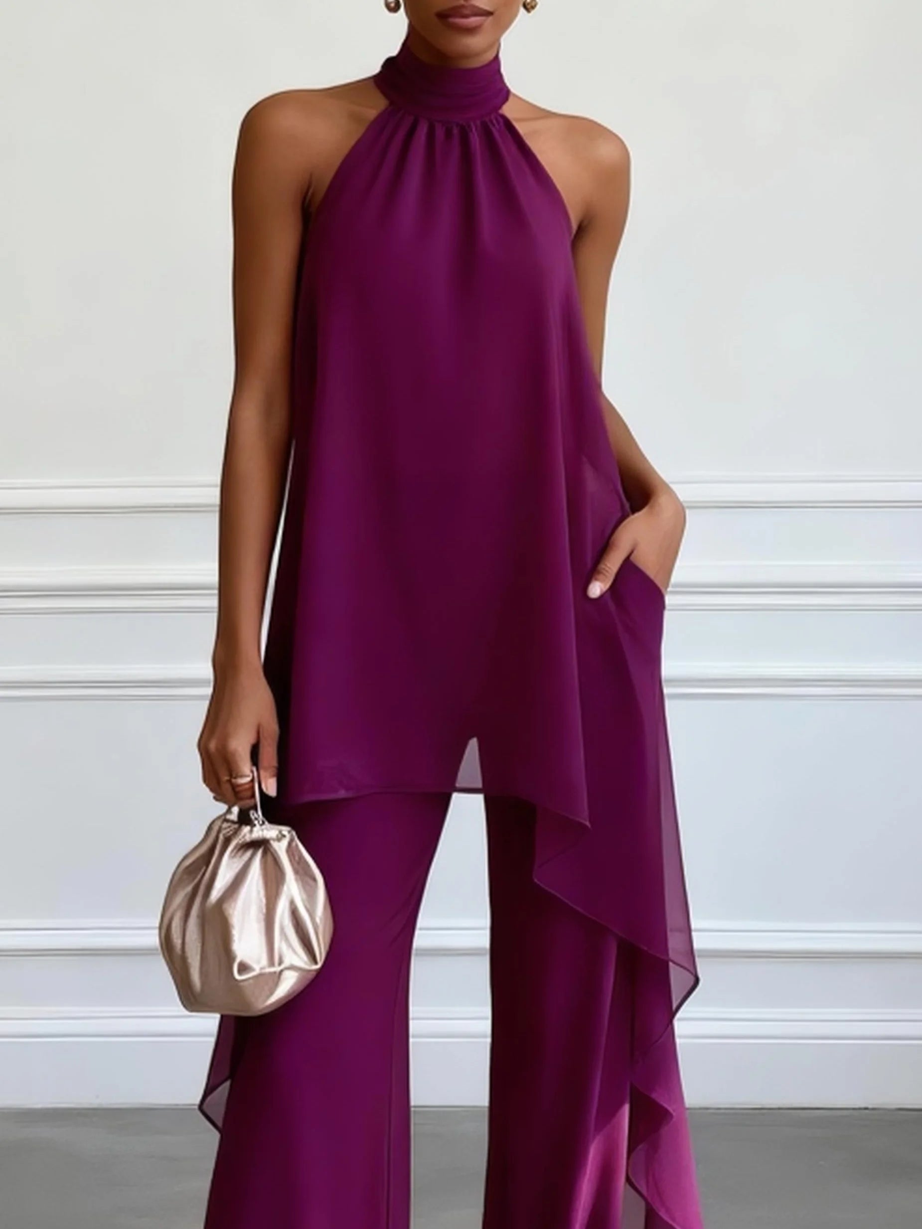 Purple | Elegant Halter Top with Pants Set
