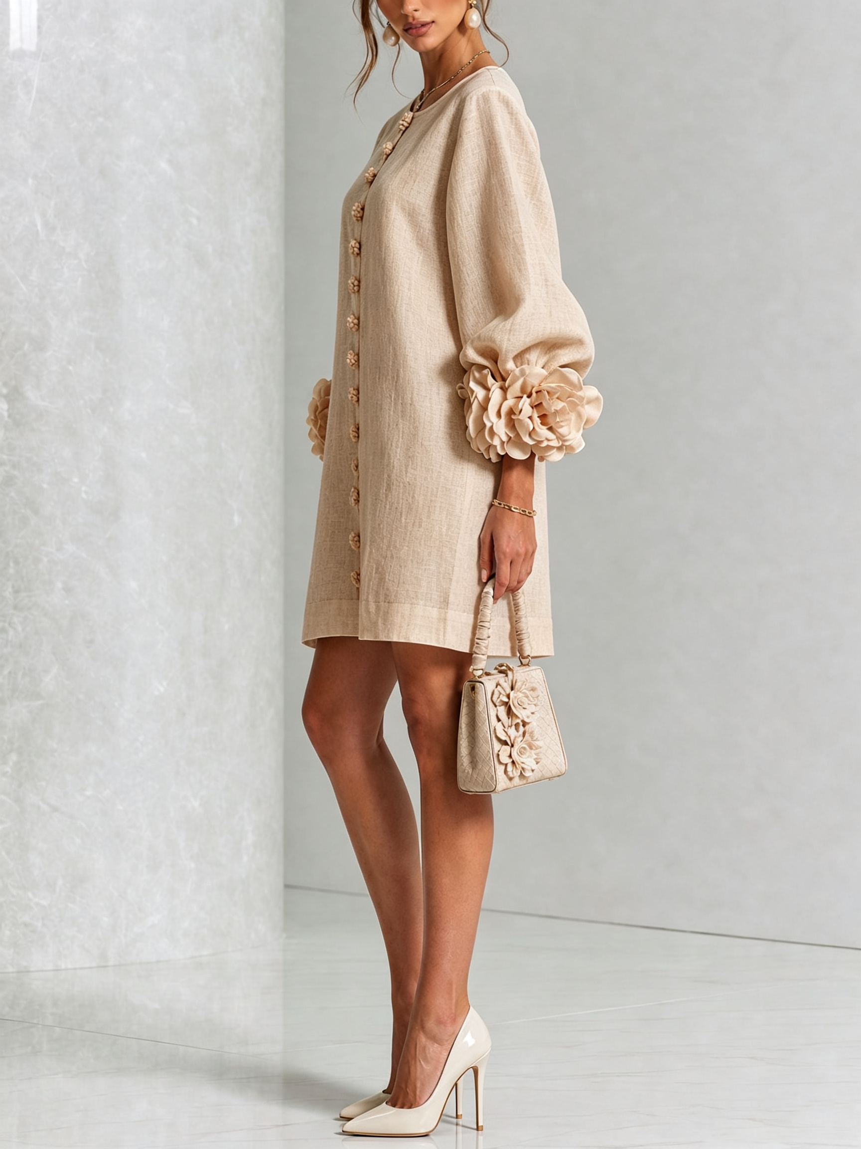 The-Chicca| White Floral Button-down Mini Dress With Striking Floral Cuffs