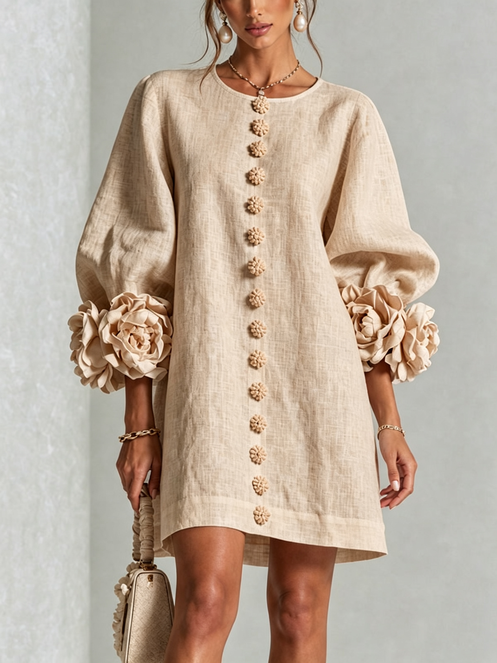 The-Chicca| White Floral Button-down Mini Dress With Striking Floral Cuffs