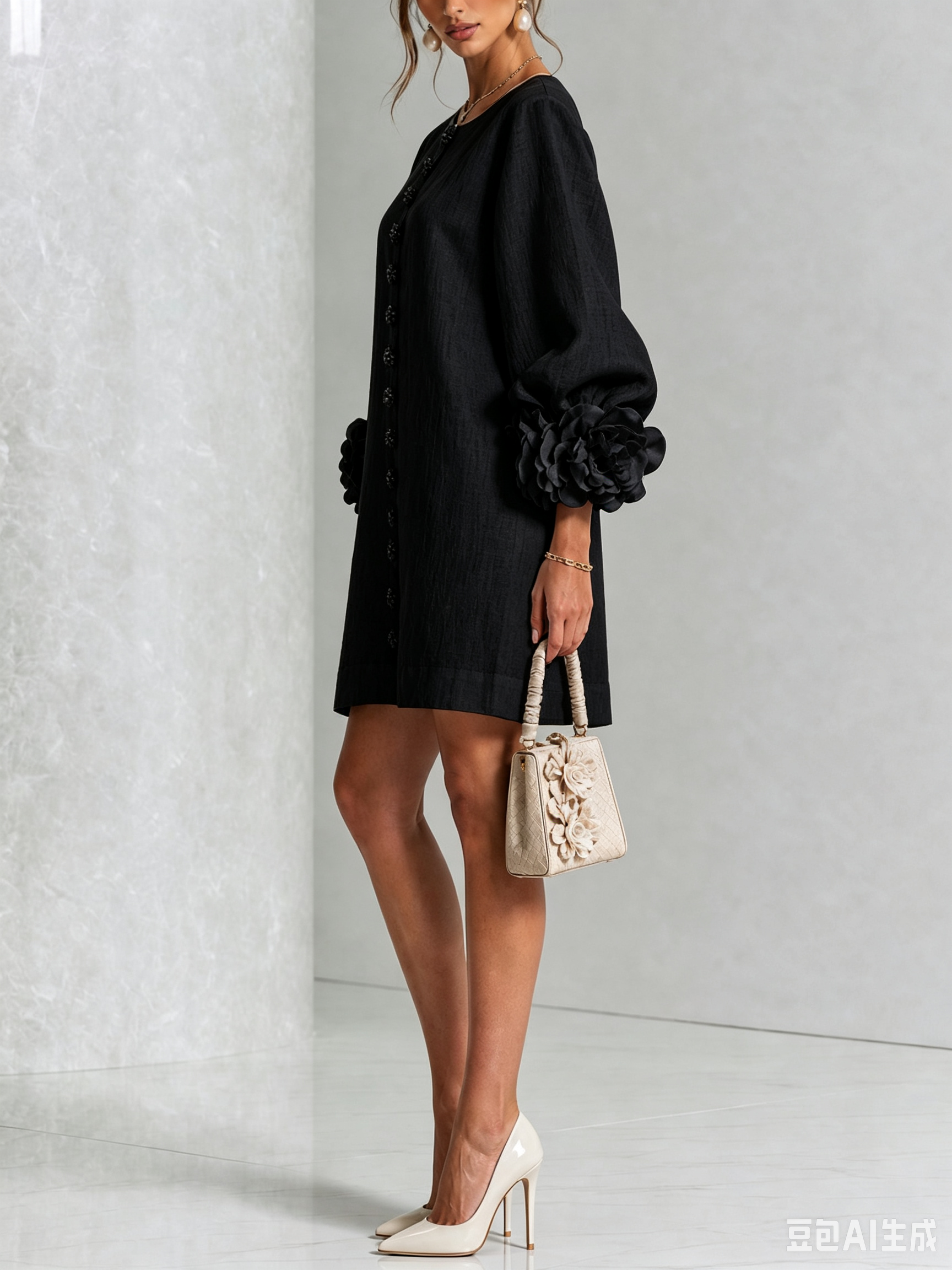 The-Chicca| White Floral Button-down Mini Dress With Striking Floral Cuffs
