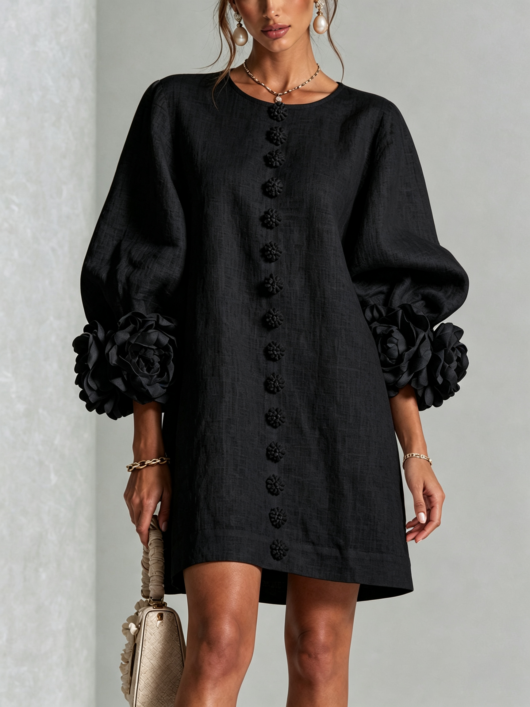 The-Chicca| White Floral Button-down Mini Dress With Striking Floral Cuffs