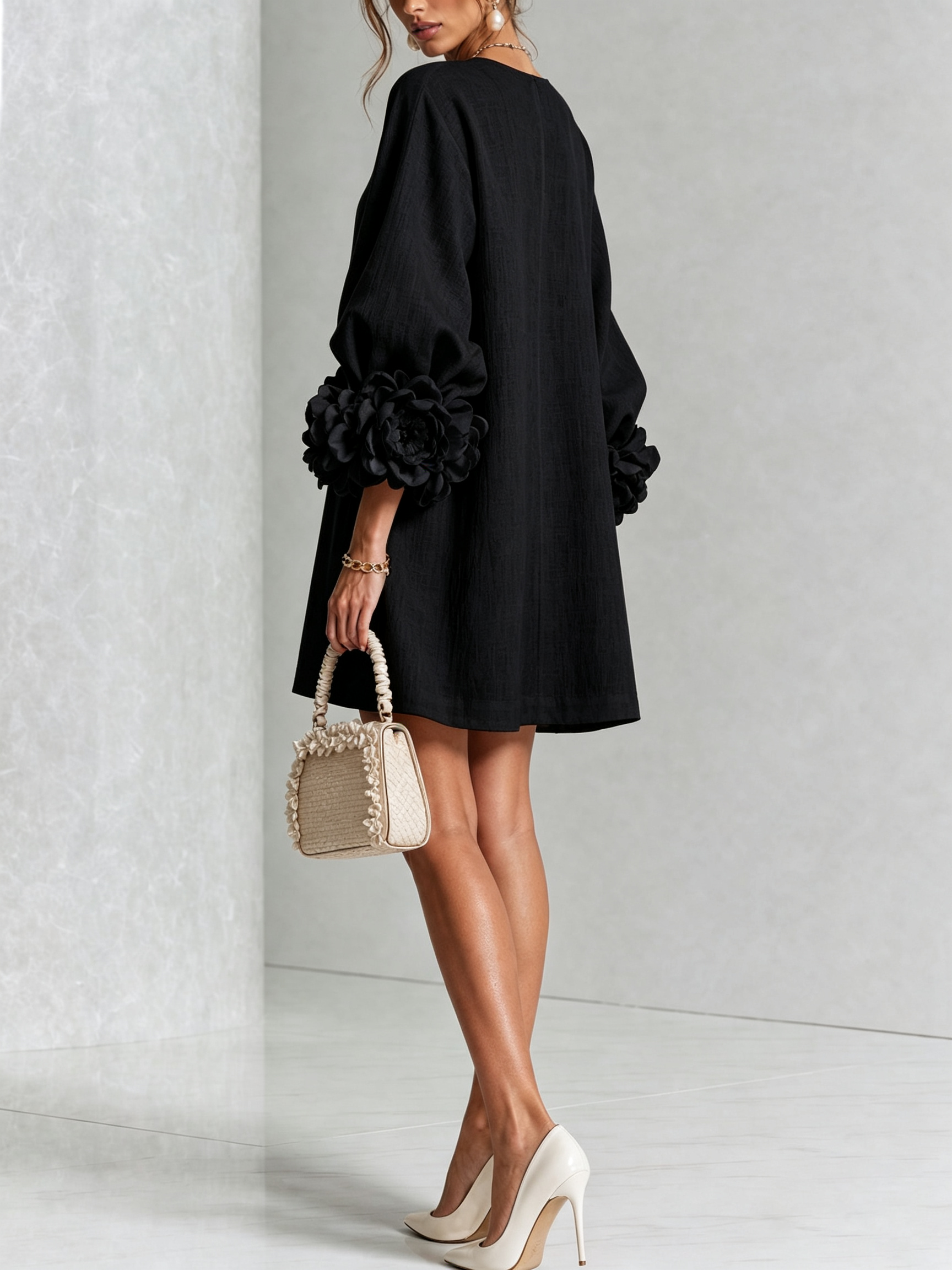 The-Chicca| White Floral Button-down Mini Dress With Striking Floral Cuffs