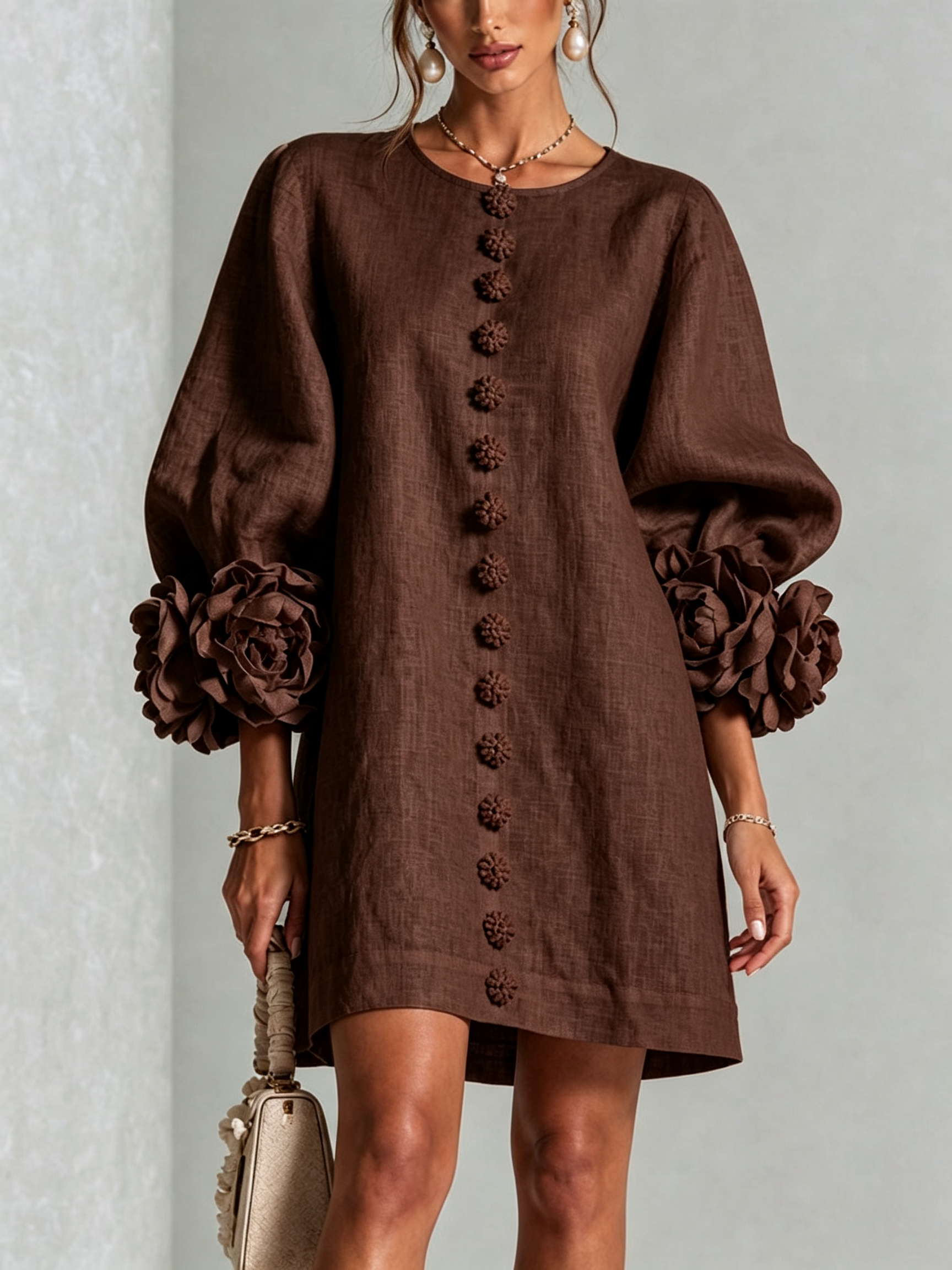 The-Chicca| White Floral Button-down Mini Dress With Striking Floral Cuffs