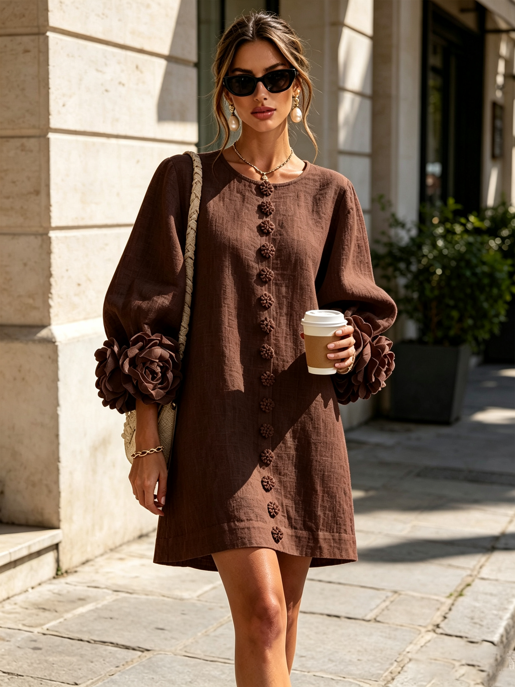 The-Chicca| White Floral Button-down Mini Dress With Striking Floral Cuffs