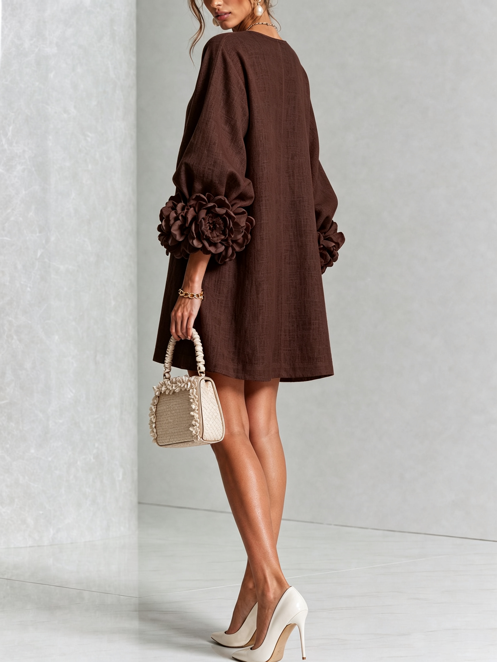 The-Chicca| White Floral Button-down Mini Dress With Striking Floral Cuffs