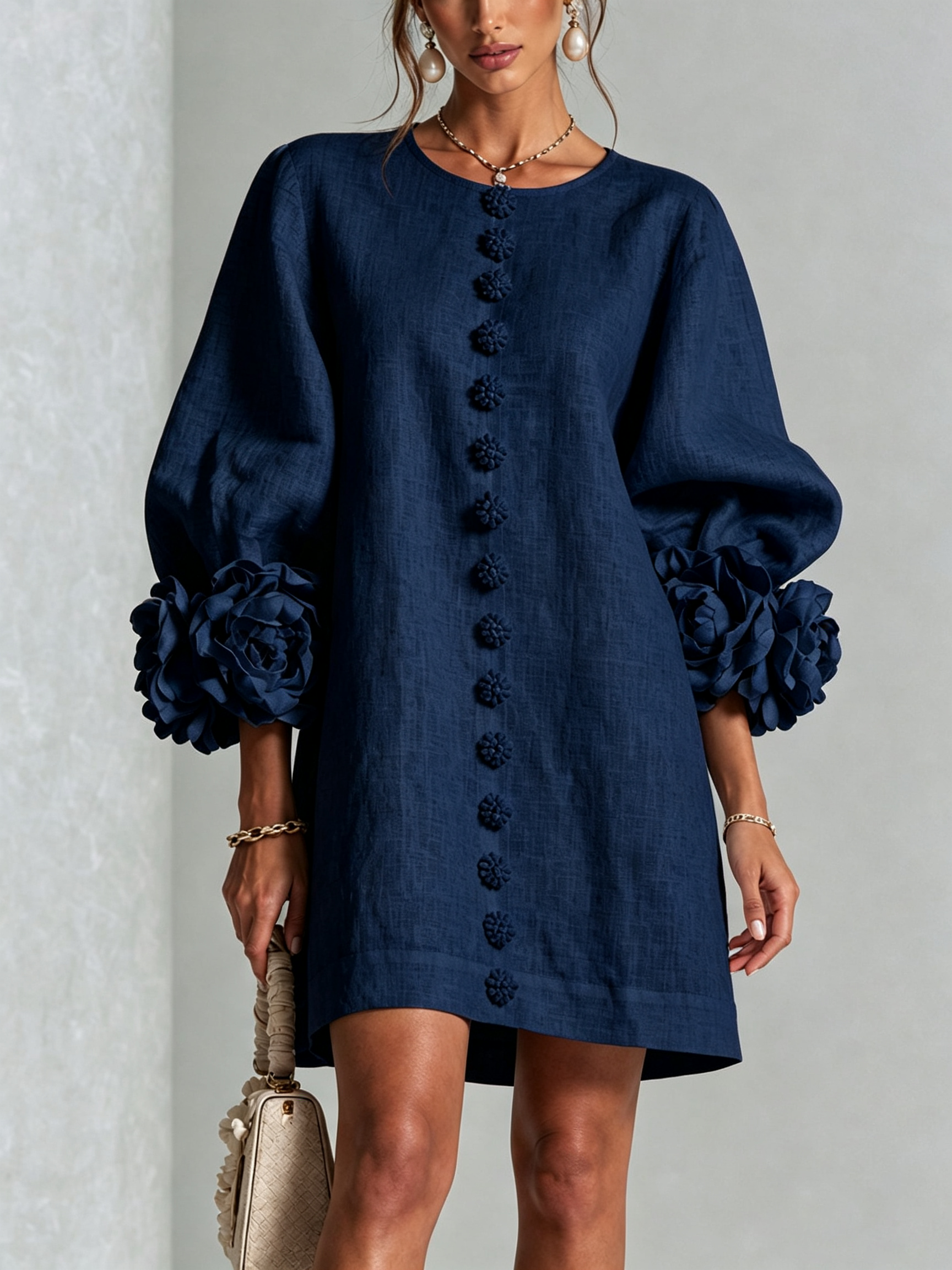 The-Chicca| White Floral Button-down Mini Dress With Striking Floral Cuffs
