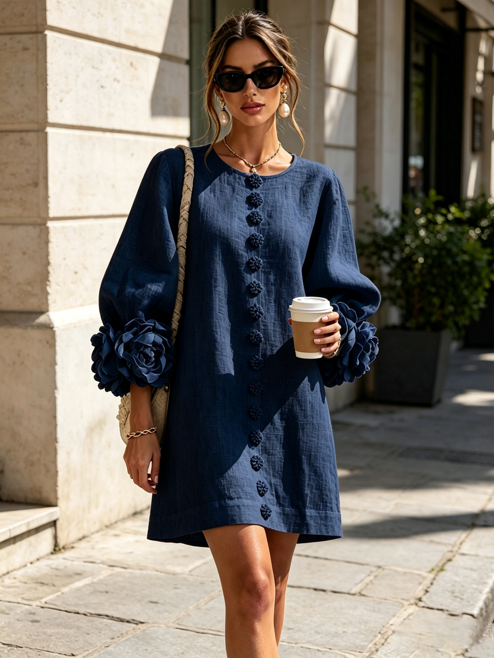 The-Chicca| White Floral Button-down Mini Dress With Striking Floral Cuffs