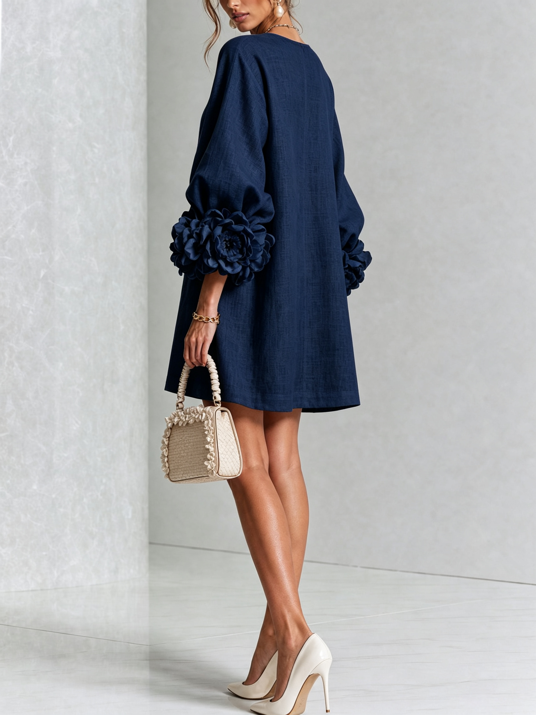 The-Chicca| White Floral Button-down Mini Dress With Striking Floral Cuffs