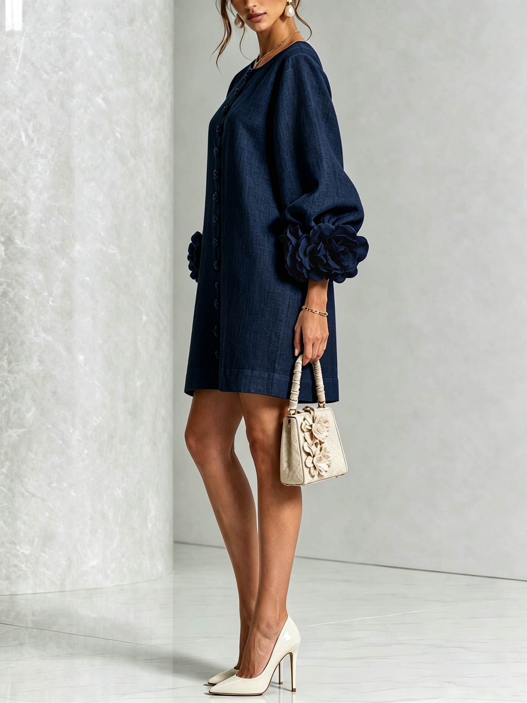 The-Chicca| White Floral Button-down Mini Dress With Striking Floral Cuffs