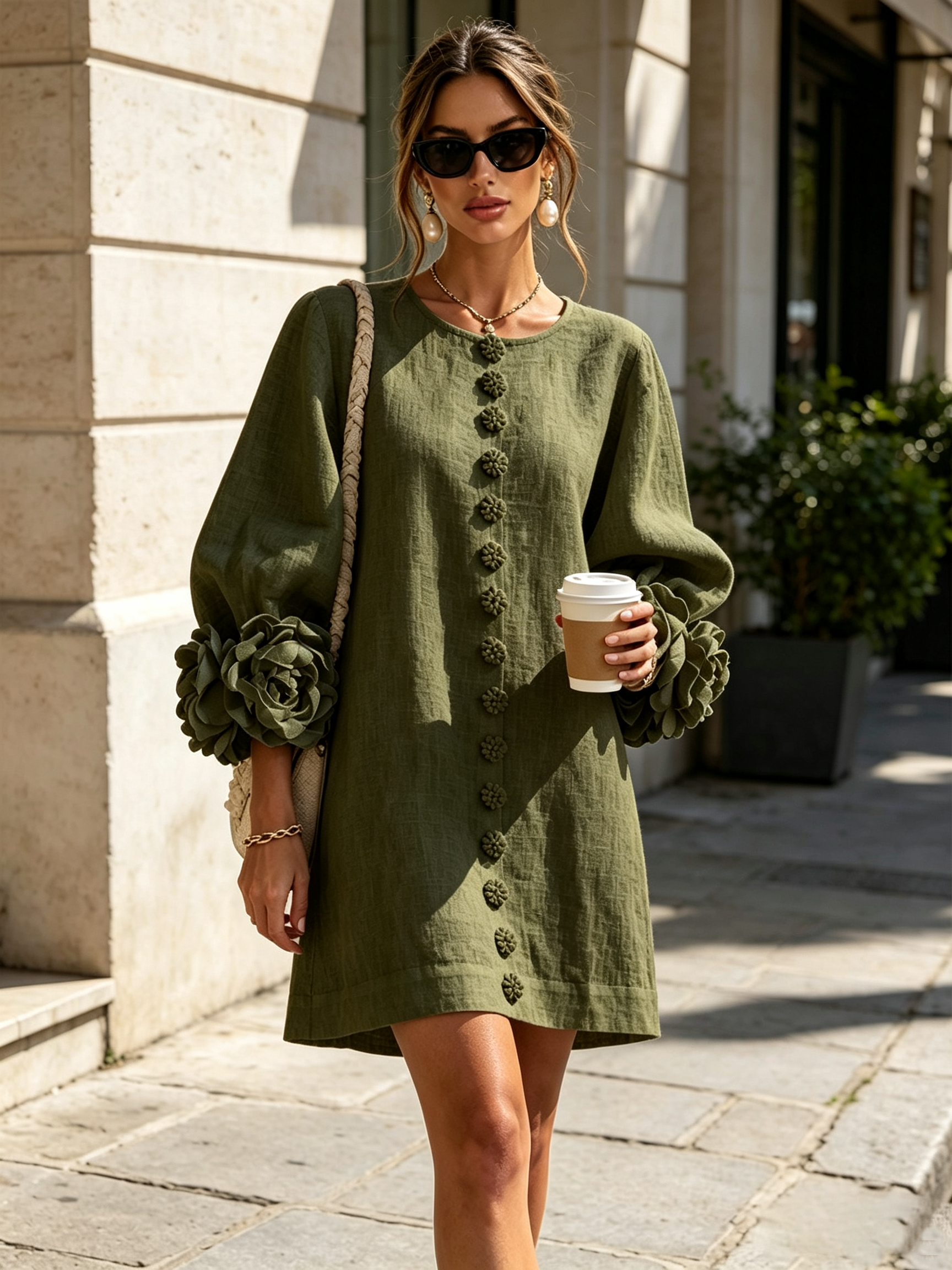 The-Chicca| White Floral Button-down Mini Dress With Striking Floral Cuffs