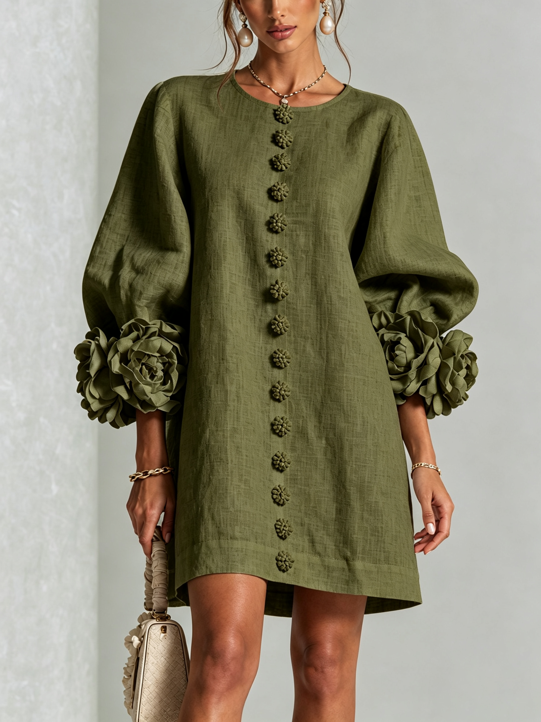 The-Chicca| White Floral Button-down Mini Dress With Striking Floral Cuffs