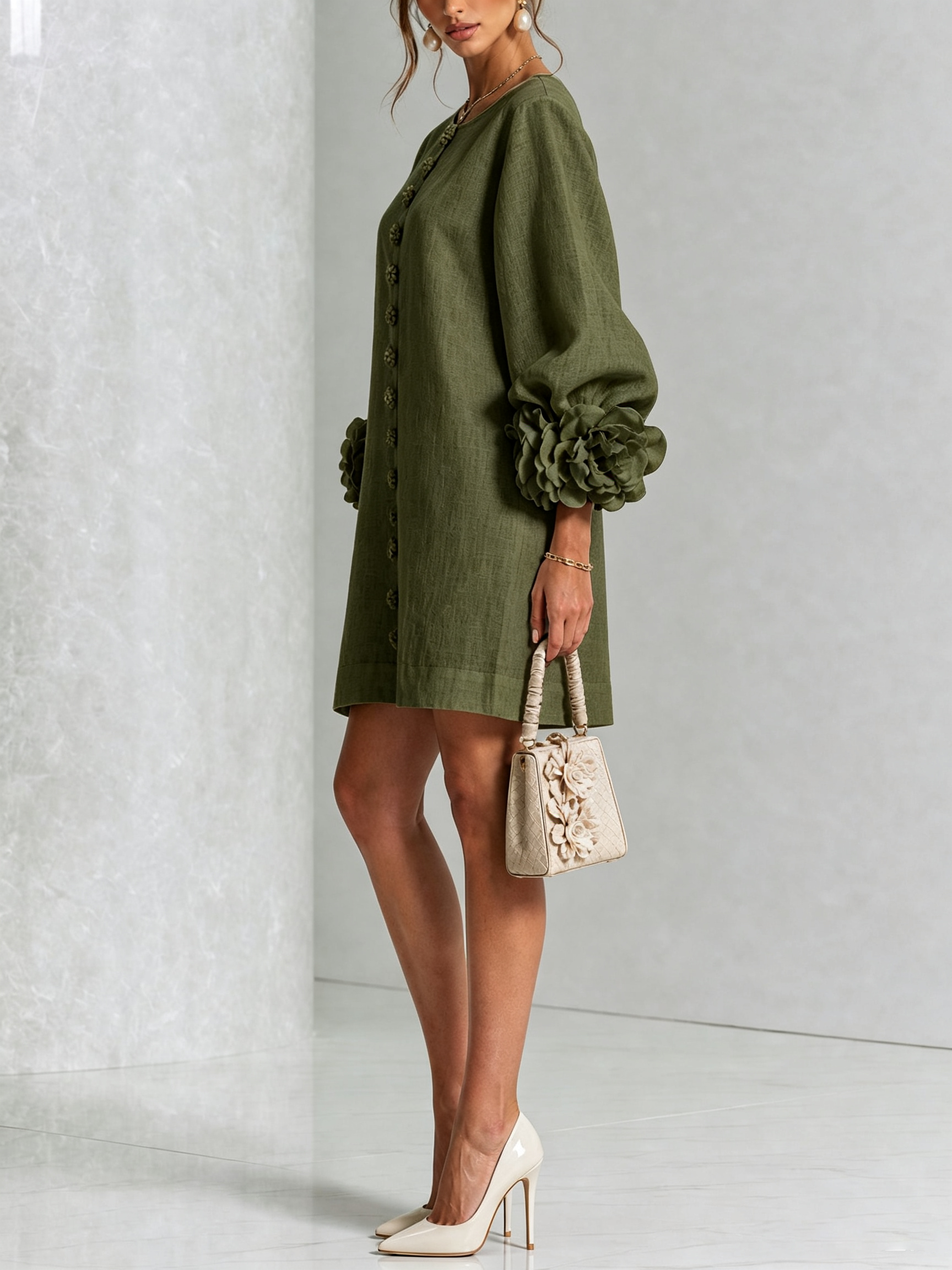 The-Chicca| White Floral Button-down Mini Dress With Striking Floral Cuffs