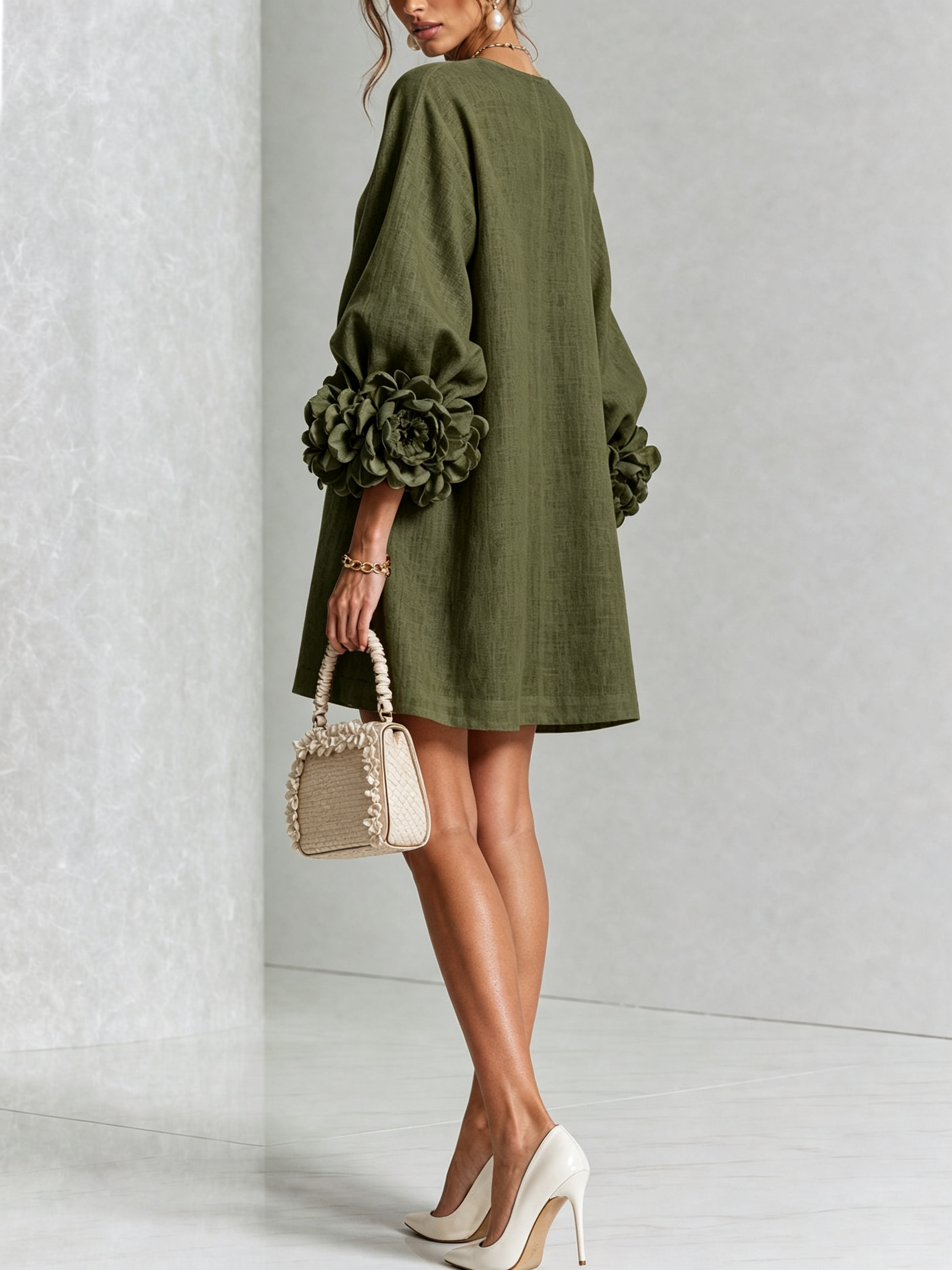 The-Chicca| White Floral Button-down Mini Dress With Striking Floral Cuffs