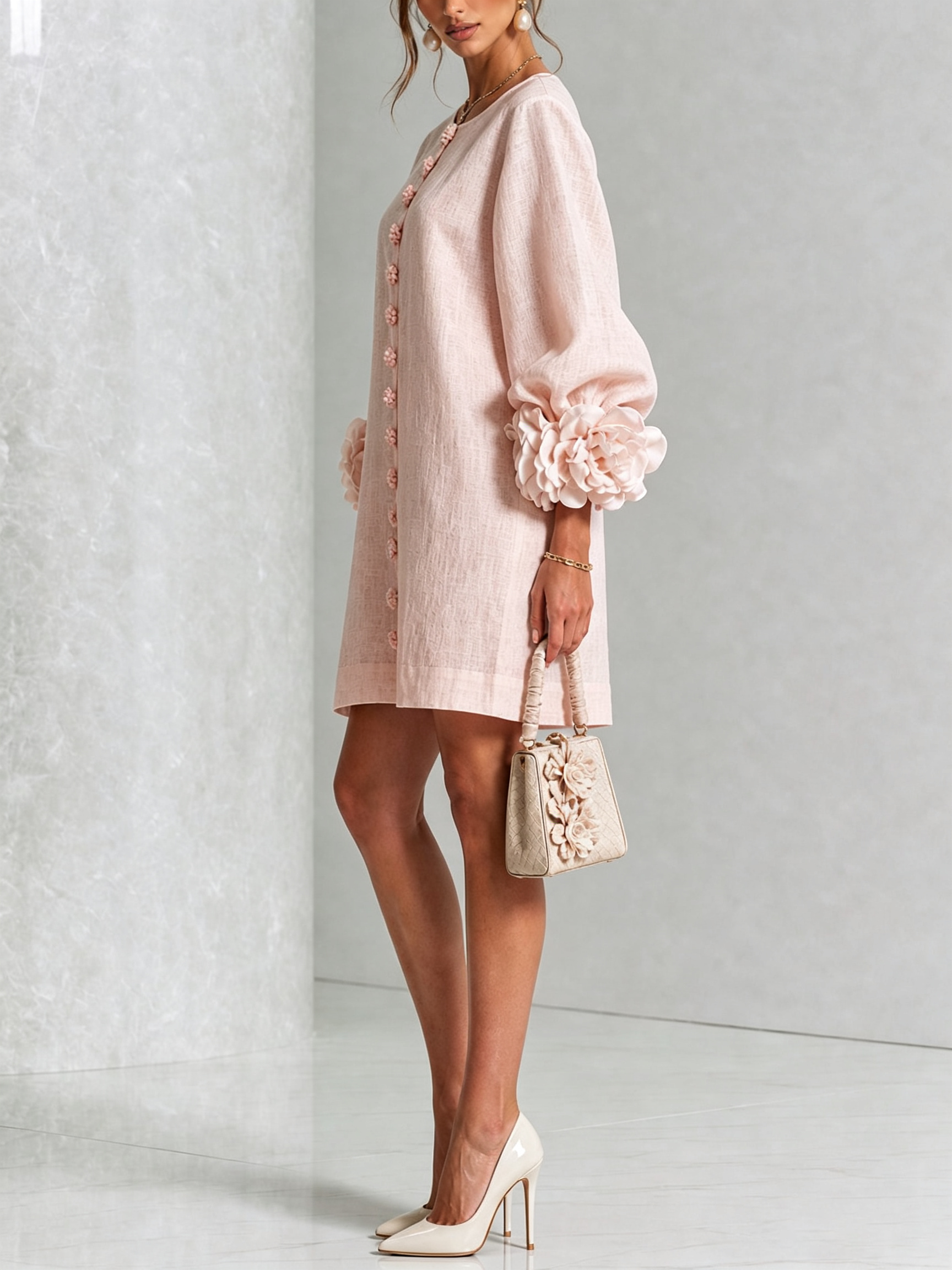 The-Chicca| White Floral Button-down Mini Dress With Striking Floral Cuffs