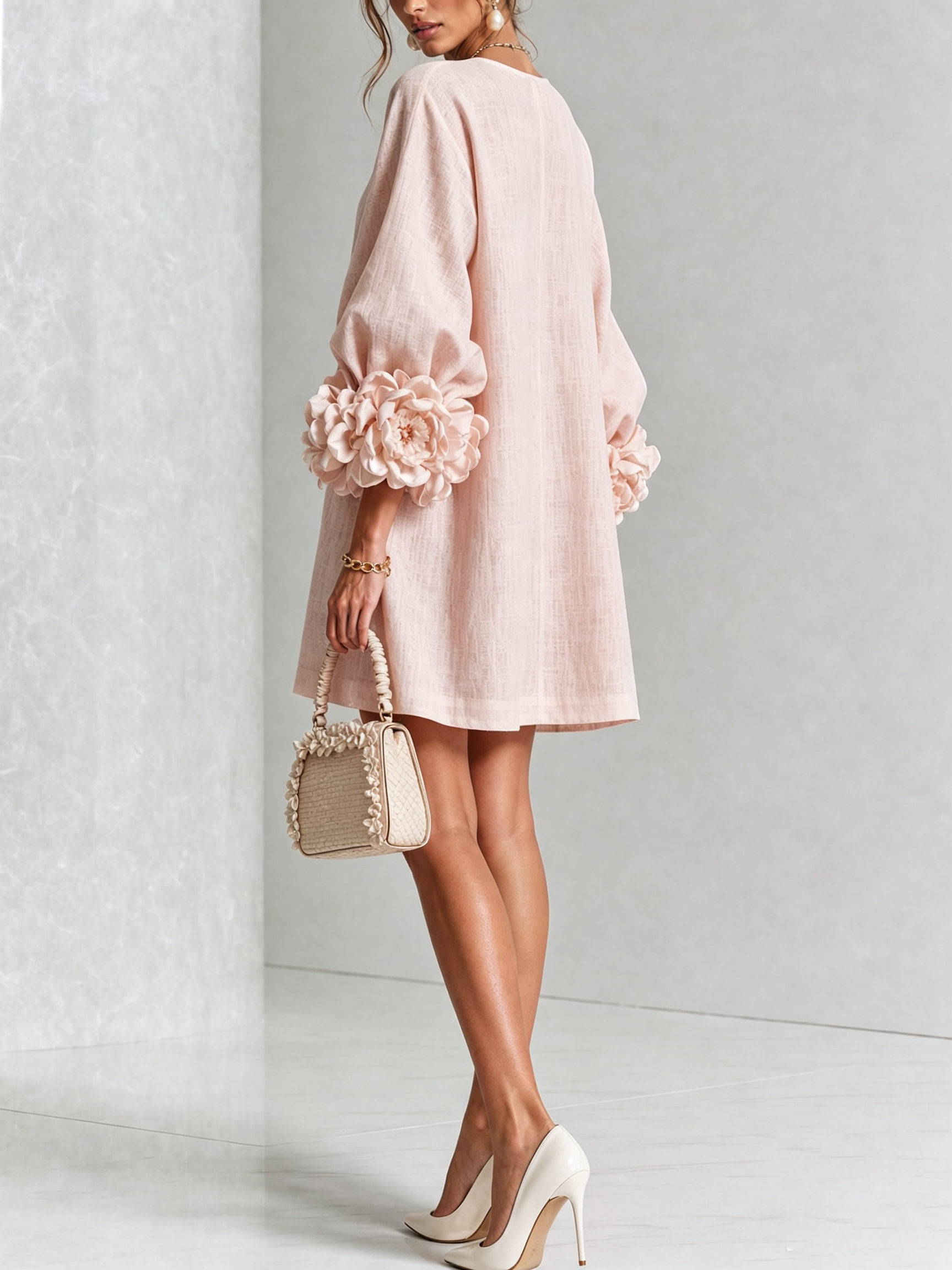 The-Chicca| White Floral Button-down Mini Dress With Striking Floral Cuffs