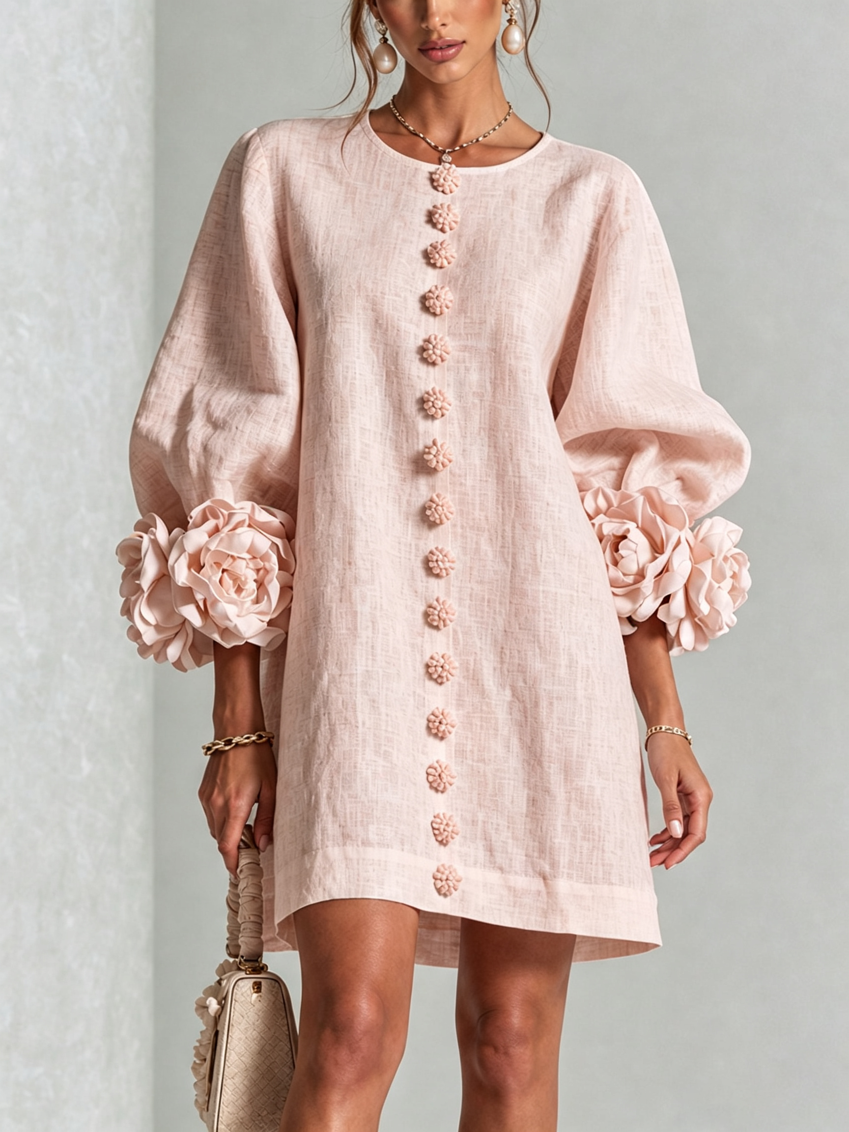 The-Chicca| White Floral Button-down Mini Dress With Striking Floral Cuffs