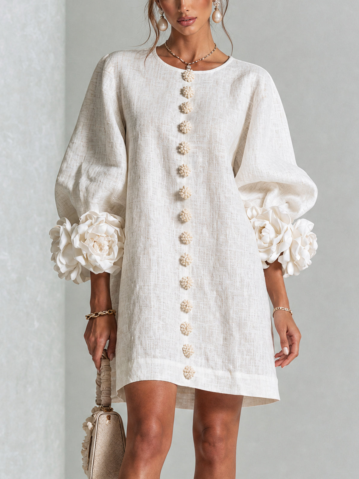 The-Chicca| White Floral Button-down Mini Dress With Striking Floral Cuffs
