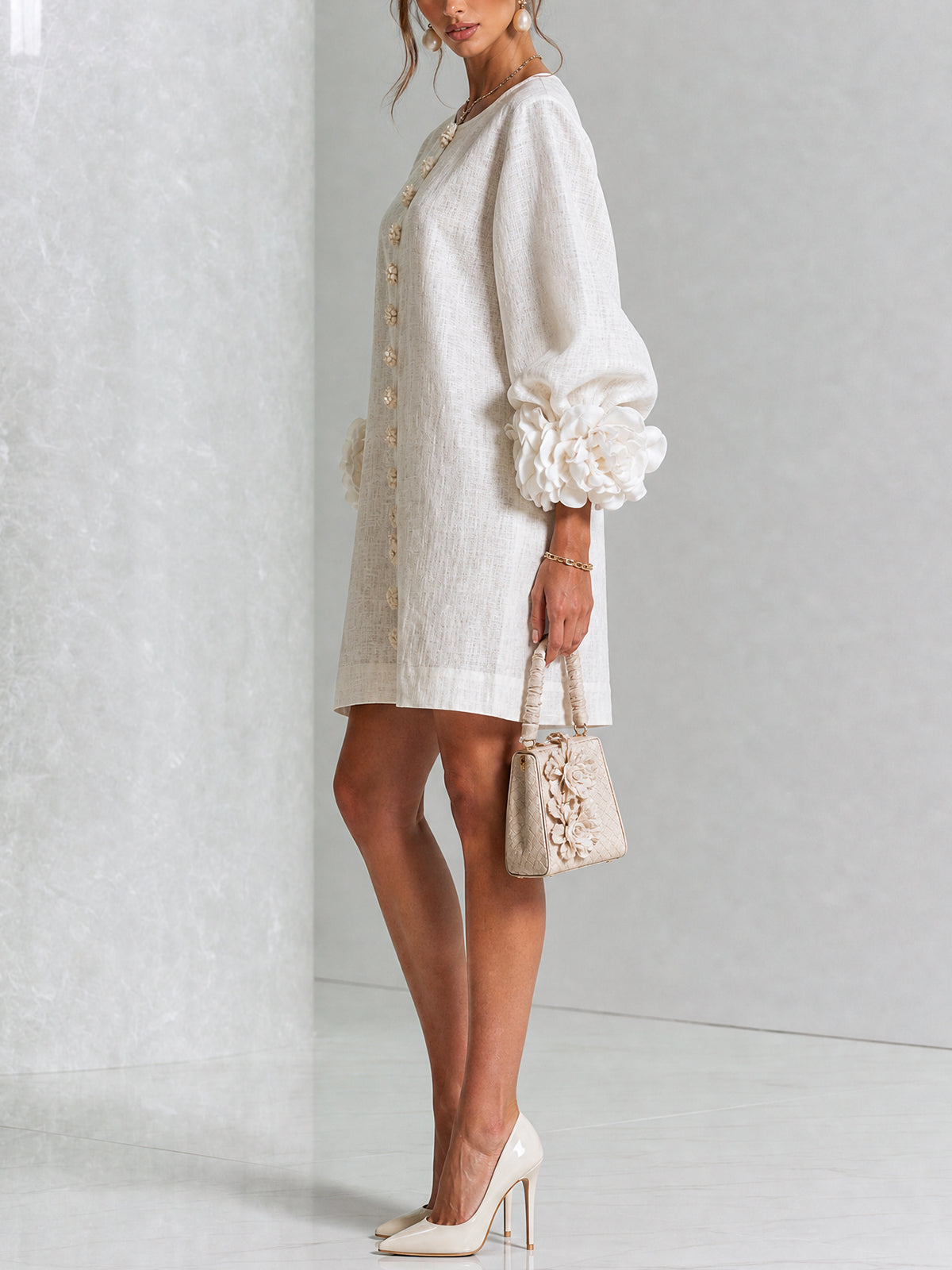 The-Chicca| White Floral Button-down Mini Dress With Striking Floral Cuffs