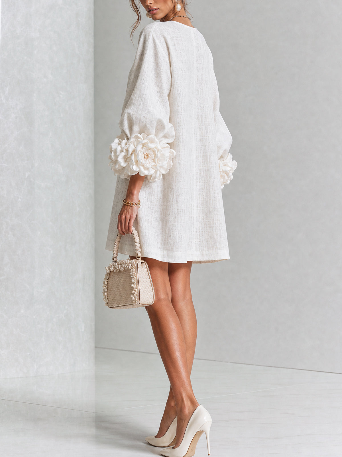 The-Chicca| White Floral Button-down Mini Dress With Striking Floral Cuffs