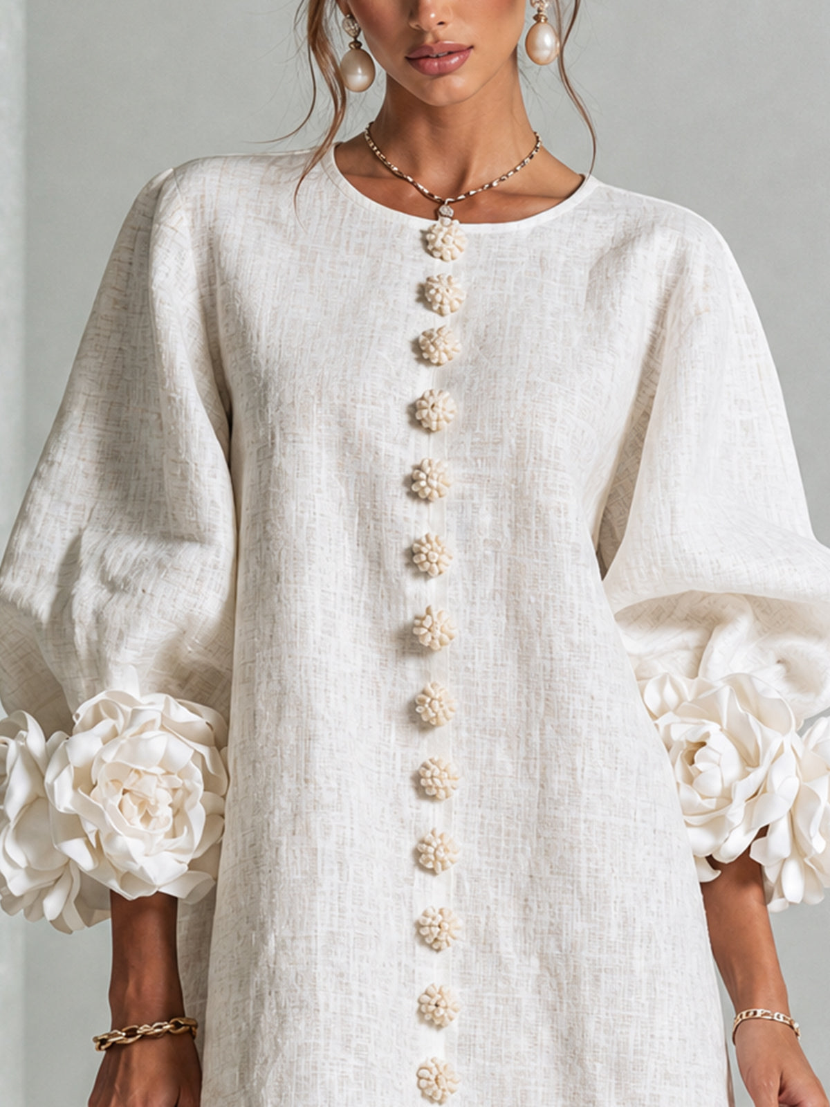 The-Chicca| White Floral Button-down Mini Dress With Striking Floral Cuffs