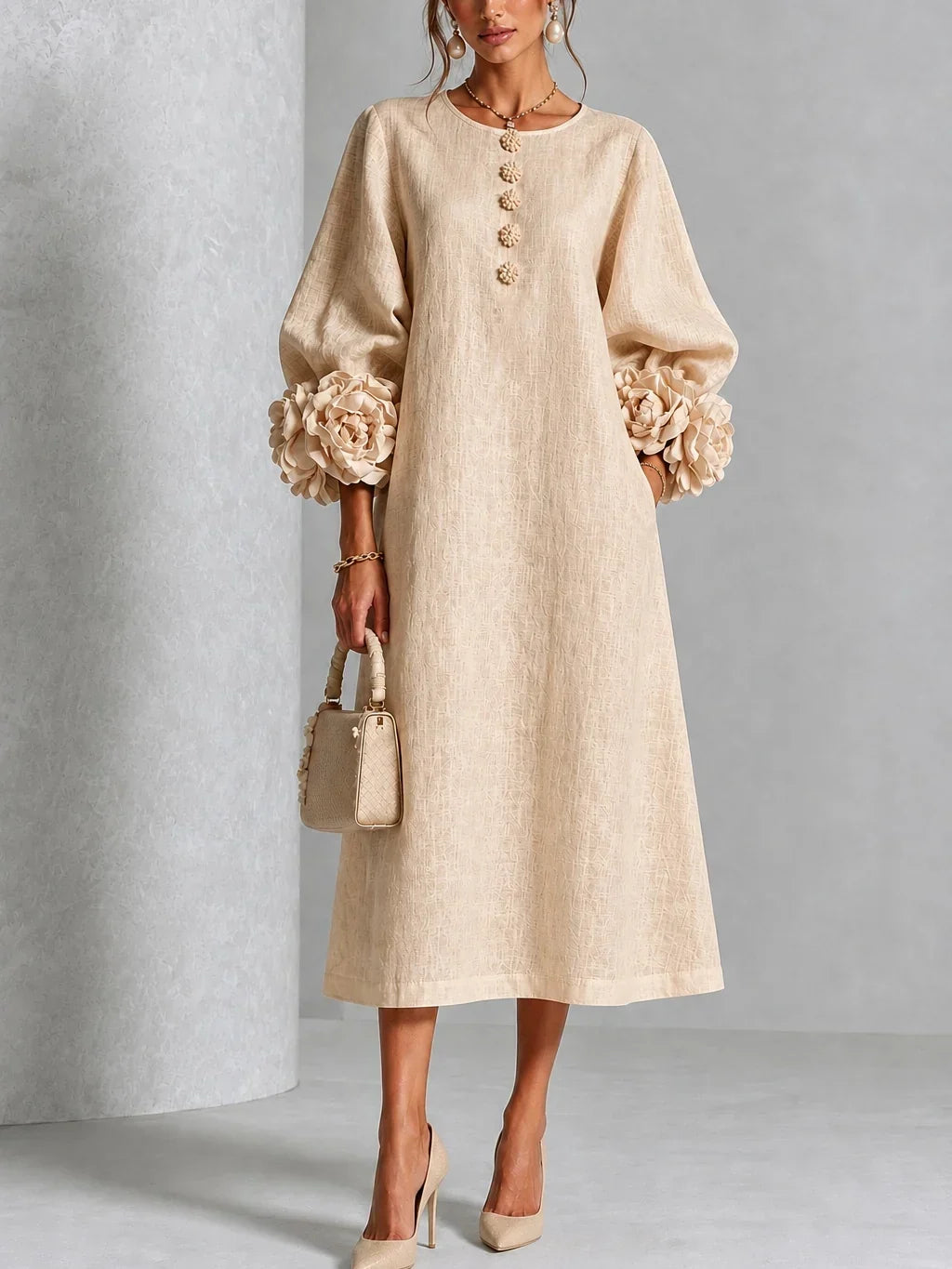 Elzara | Floral Button-down Midi Dress With Striking Floral Cuffs