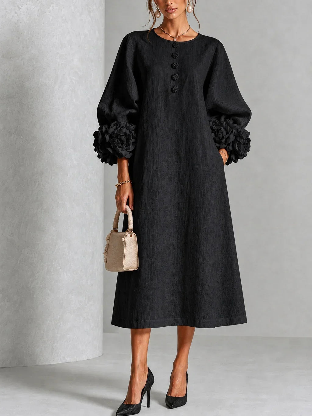 Elzara | Floral Button-down Midi Dress With Striking Floral Cuffs