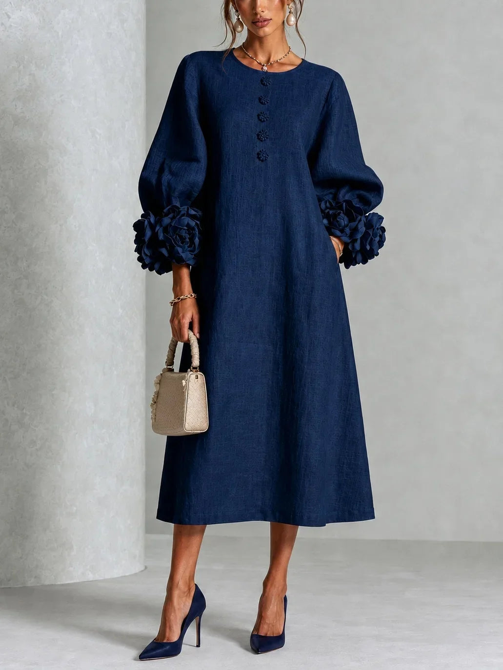 Elzara | Floral Button-down Midi Dress With Striking Floral Cuffs