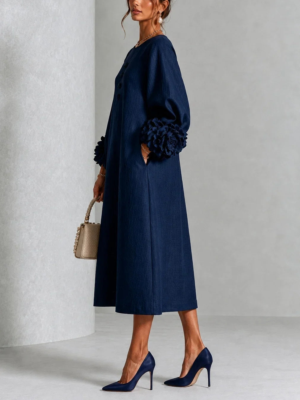 Elzara | Floral Button-down Midi Dress With Striking Floral Cuffs