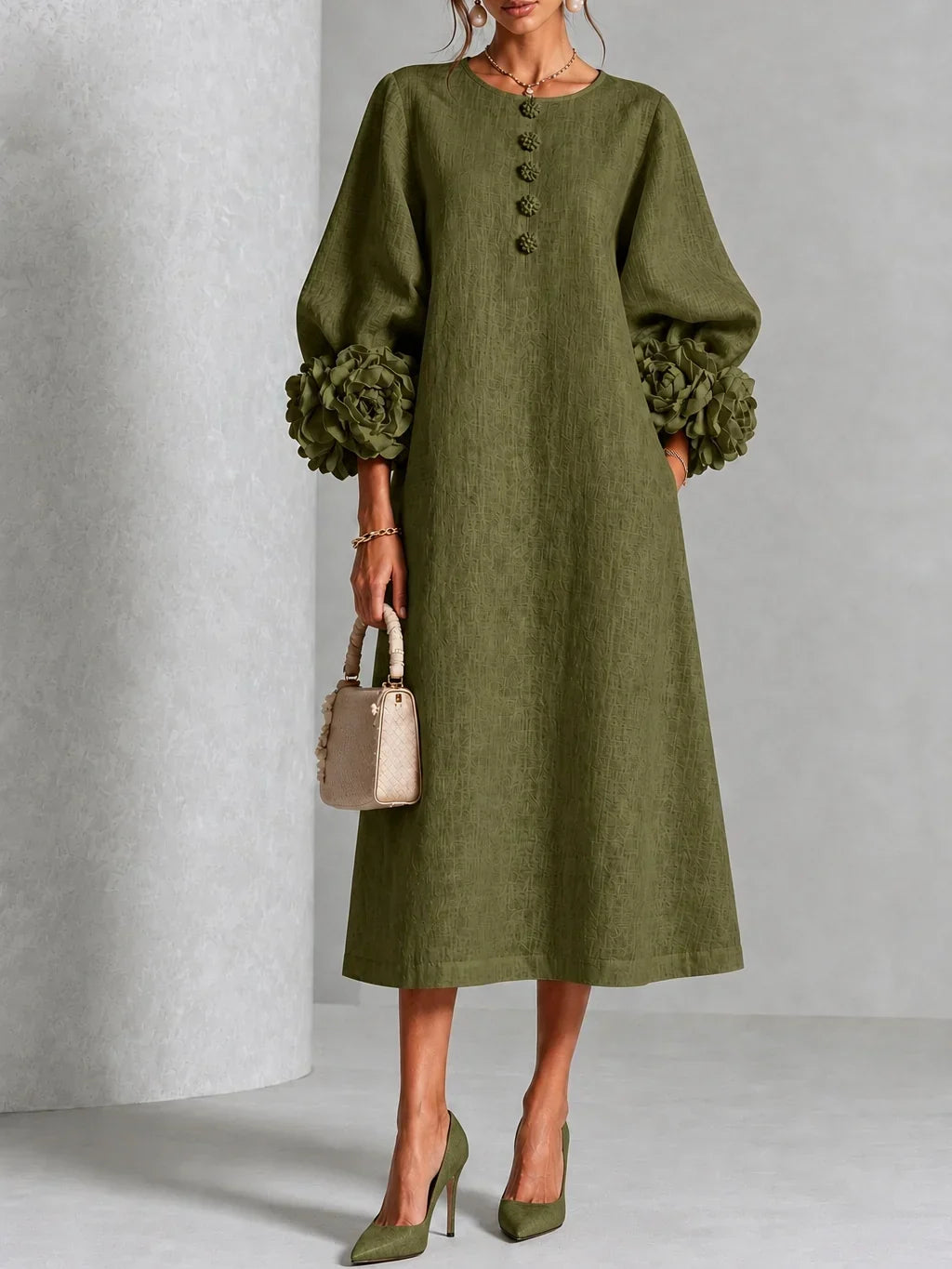 Elzara | Floral Button-down Midi Dress With Striking Floral Cuffs