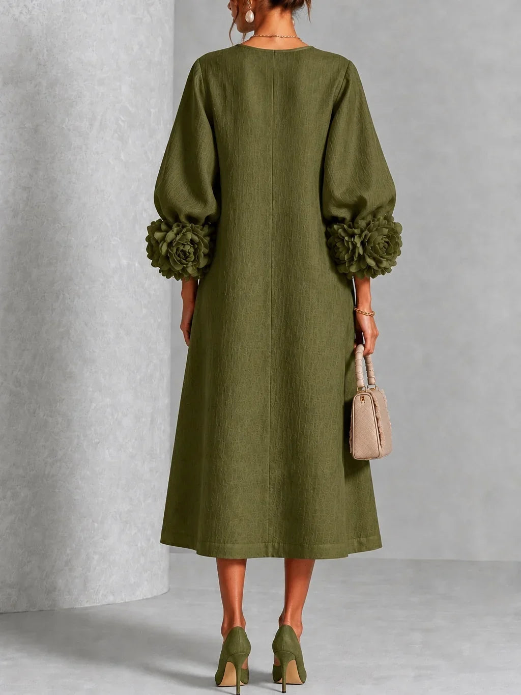 Elzara | Floral Button-down Midi Dress With Striking Floral Cuffs
