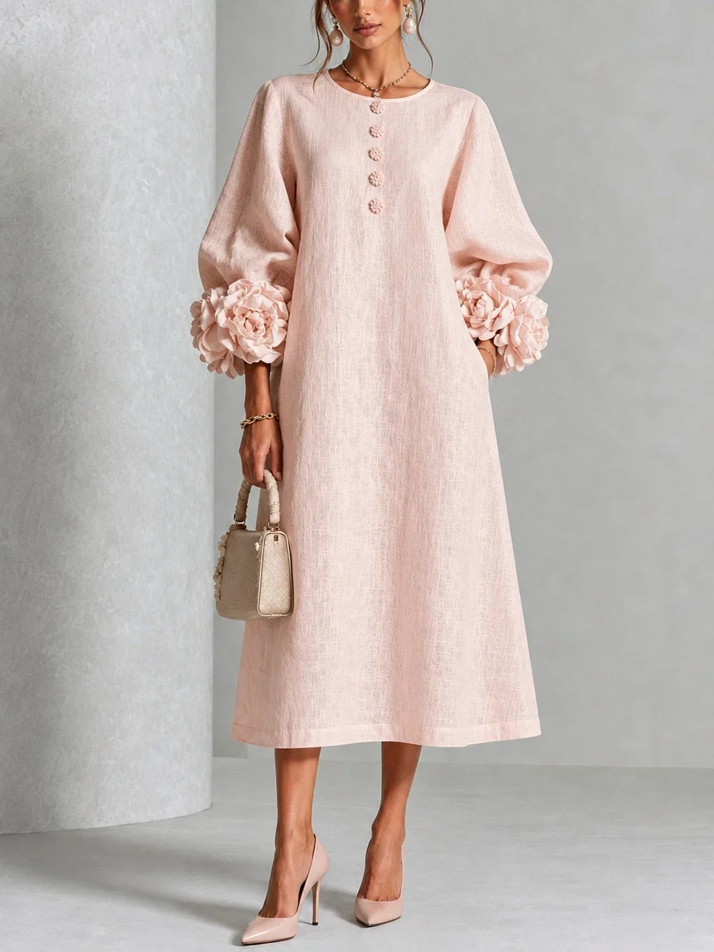 Elzara | Floral Button-down Midi Dress With Striking Floral Cuffs