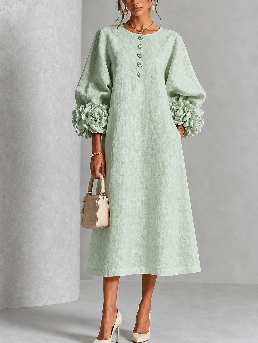 Elzara | Floral Button-down Midi Dress With Striking Floral Cuffs