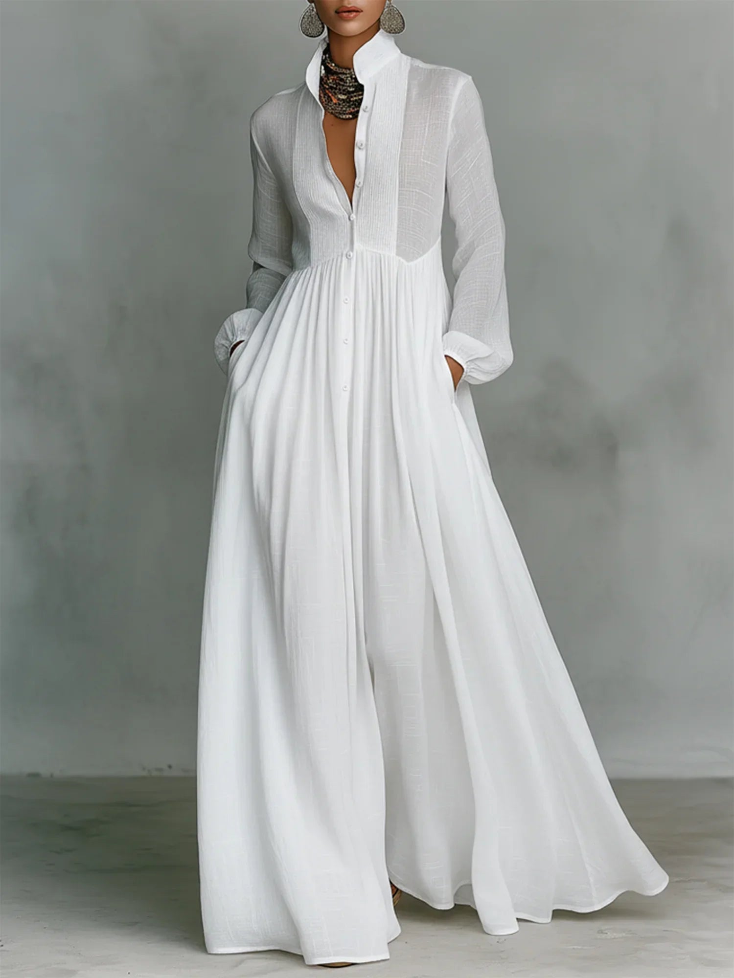 Serona™ Linen Stand-Collar Maxi Dress