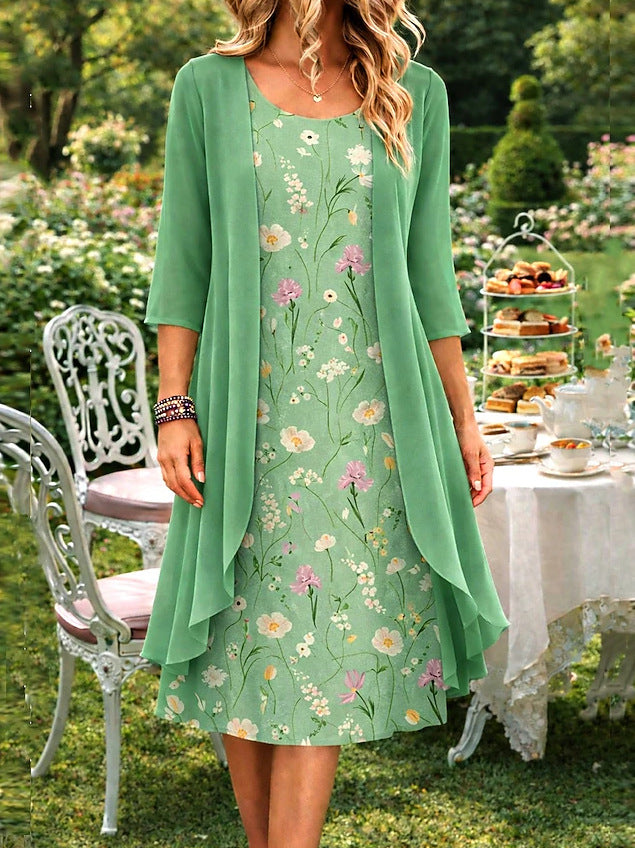 Elegant Women's 2-Piece Set – Chiffon Dress & Cardigan ✨👗🧥
