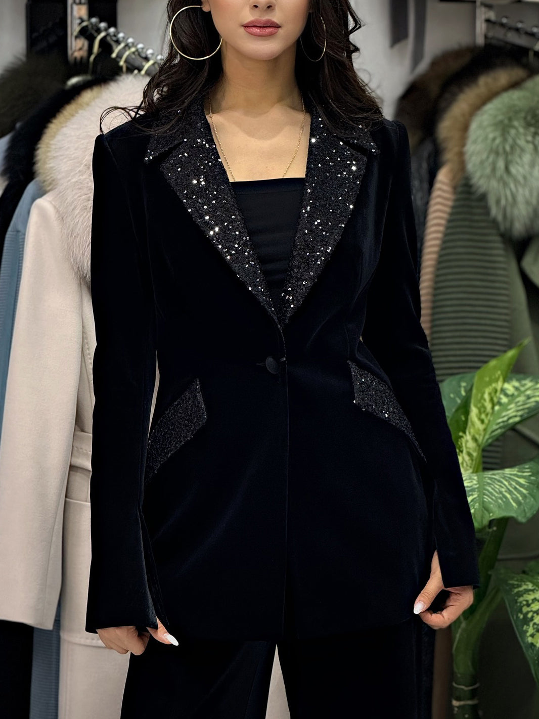 Velvet Sequin Blazer & High-Waist Pants Set