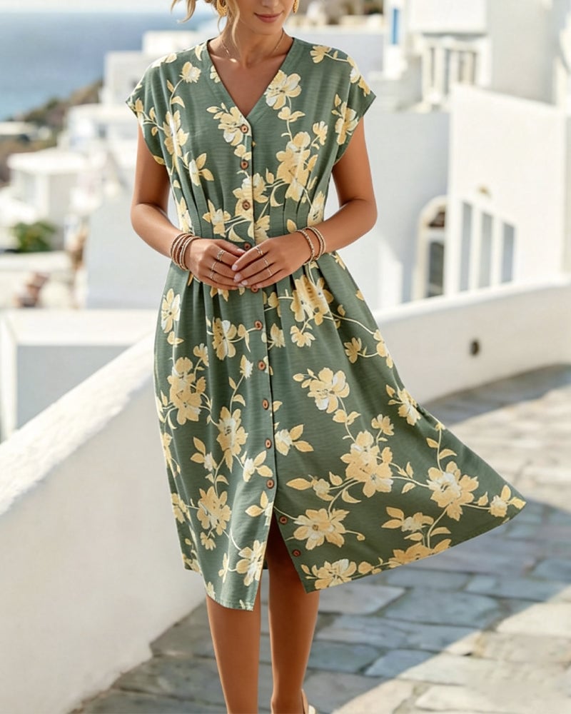 Elvaria™ Printed V-Neck Waist Dress