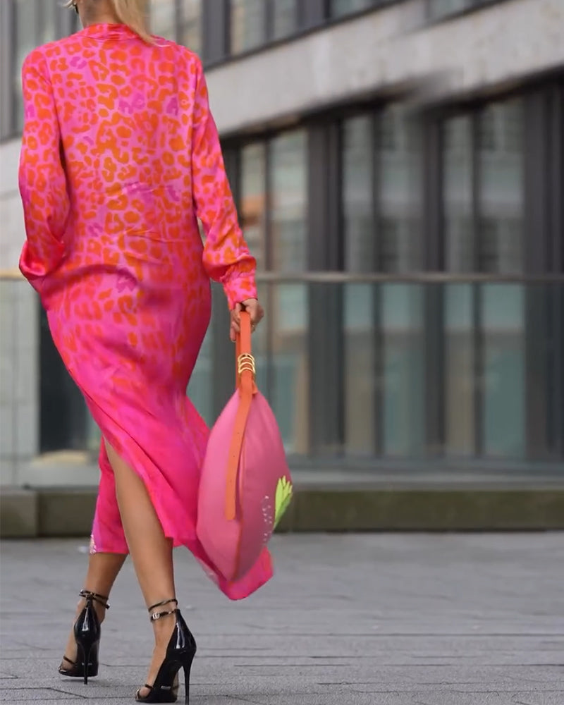 WildMuse™ Leopard Split Long Sleeve Maxi Dress