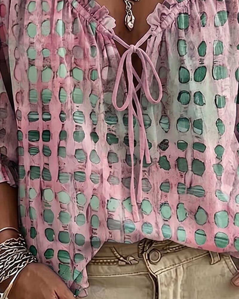 Polka Dot Lace-Up Blouse