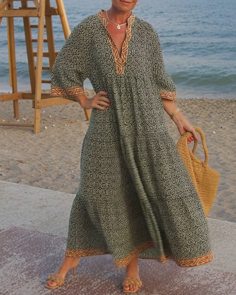 V-Neck Three-Quarter Sleeve Vacation Print Dress 🌴👗✨