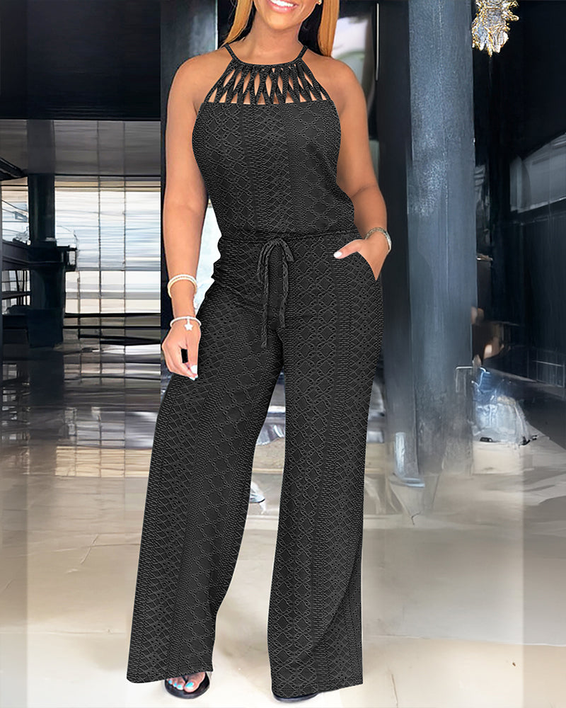 Jacquara Luxe – Halter Knit Jacquard Wide-Leg Jumpsuit