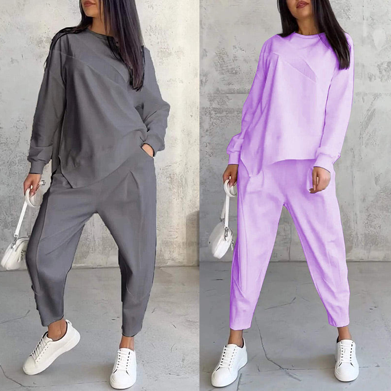 💕 Women’s long-sleeve sweatshirt set with an irregular hem and pants